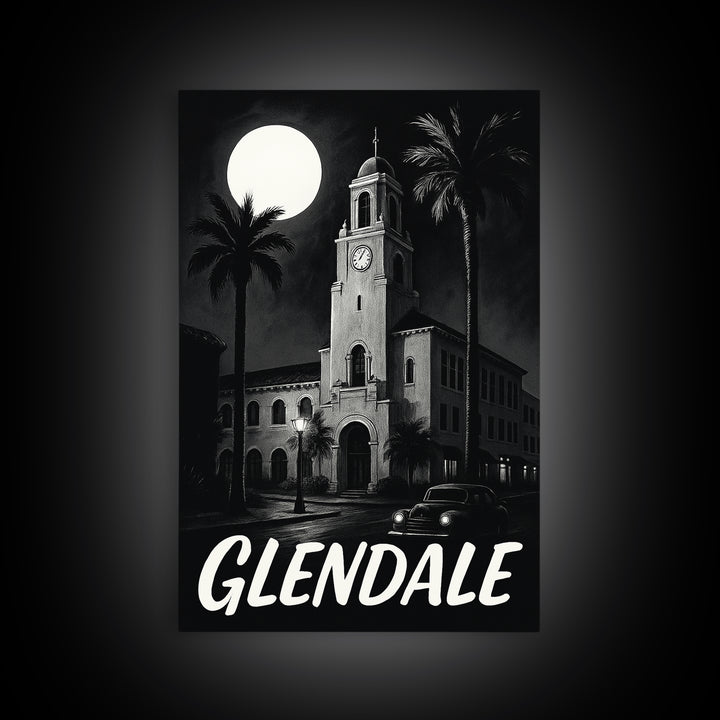 Glendale Travel Poster, Framed Canvas Print, Night Street Poster Art, Glendale City Art, Wanderlust Decor, Travel Wall Decor, Design 4
