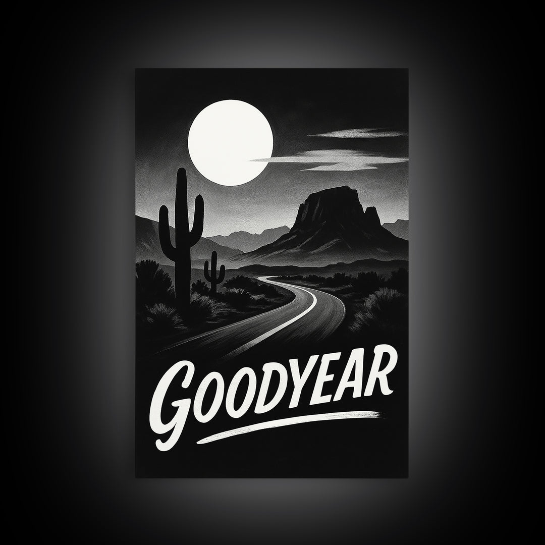 Goodyear Travel Poster, Framed Canvas Print, Vintage Noir Poster Art, Goodyear Travel Art, Living Room Wall Art, Mid Century Wall Art