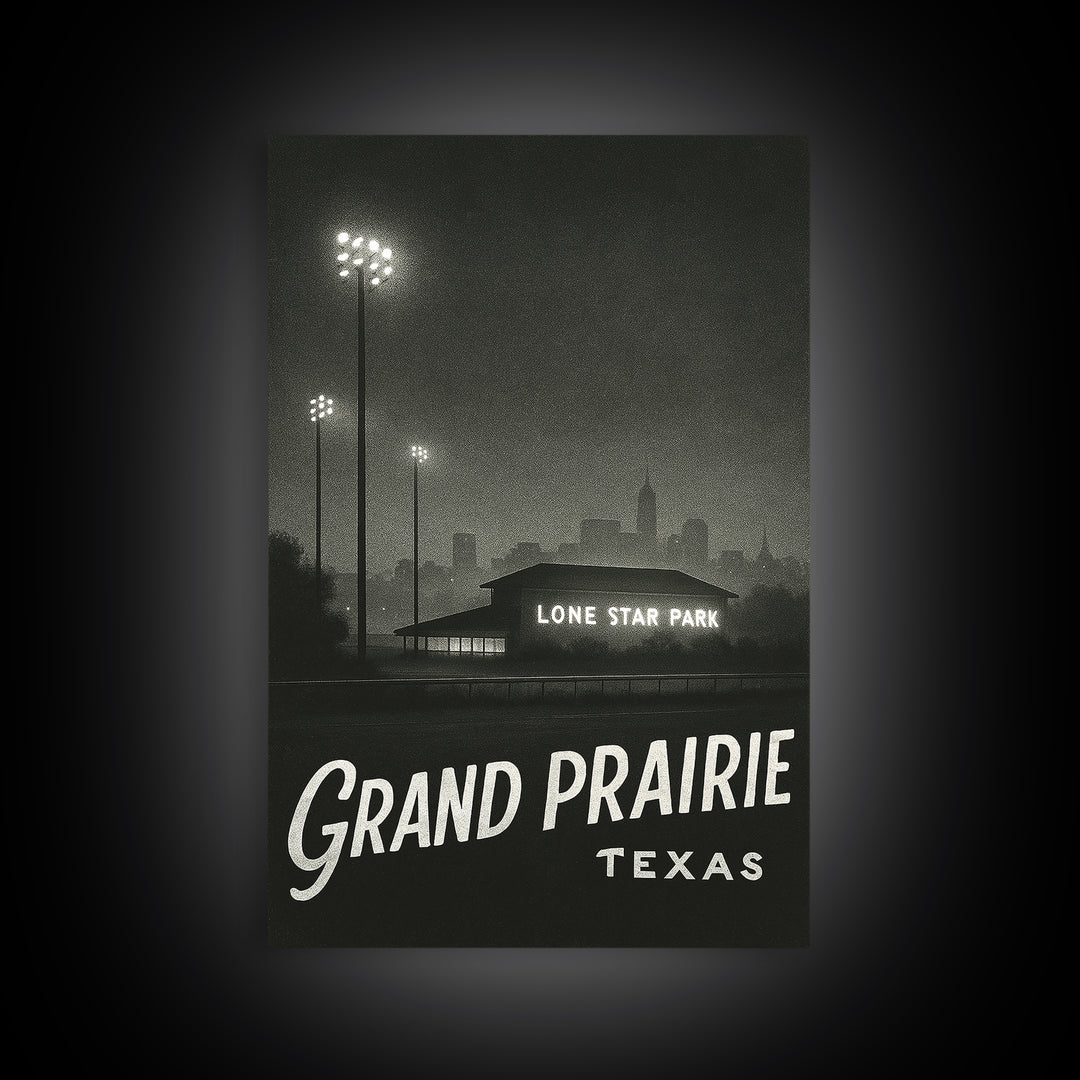 Grand Prairie Texas Travel Poster, Canvas Print, Dark Moody City Wall Art, Grand Prairie Wall Art, Vintage City Poster, Vintage City Art