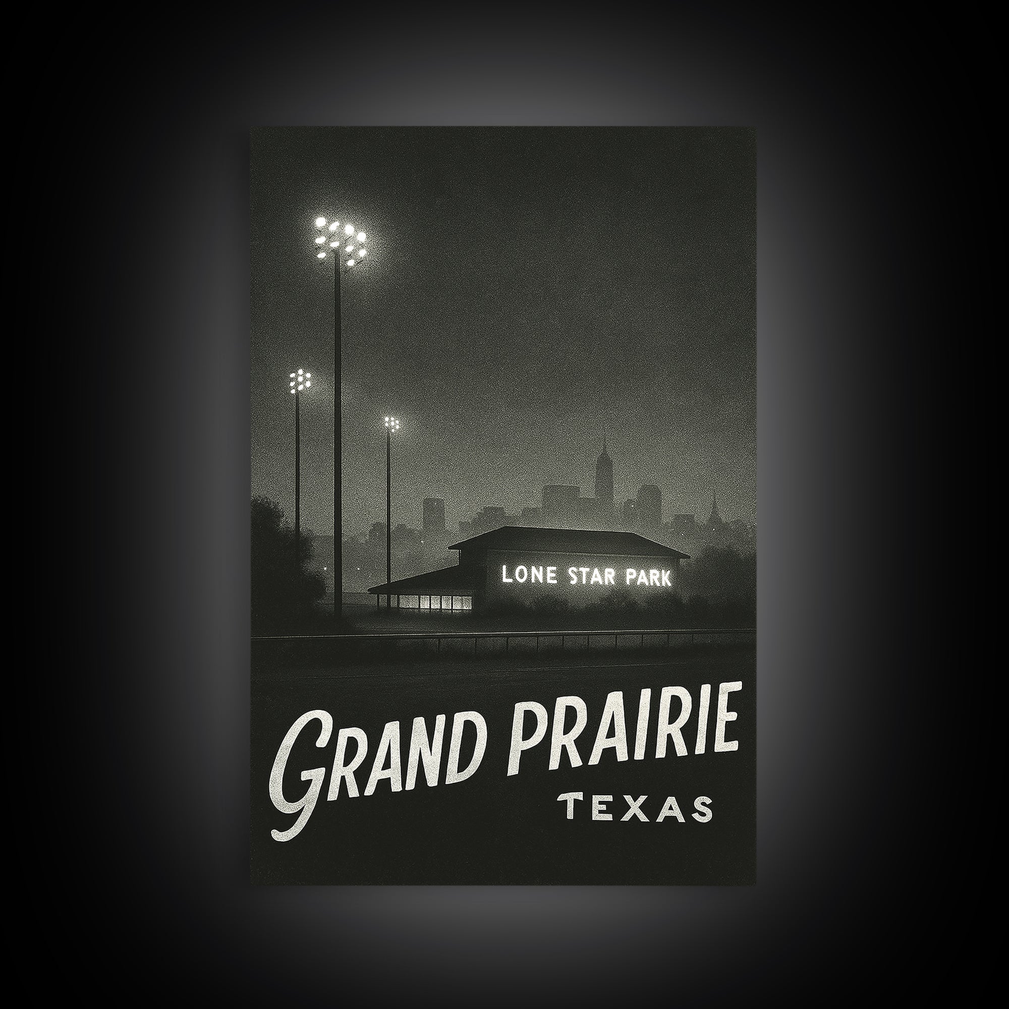 Grand Prairie Texas Travel Poster, Canvas Print, Dark Moody City Wall Art, Grand Prairie Wall Art, Vintage City Poster, Vintage City Art