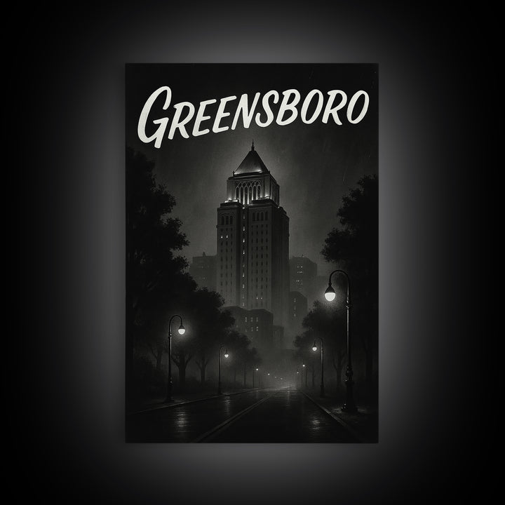 Greensboro Travel Poster, Framed Canvas Print, Black And White Travel Art, Greensboro Poster Print, Living Room Wall Art, Home Office Decor