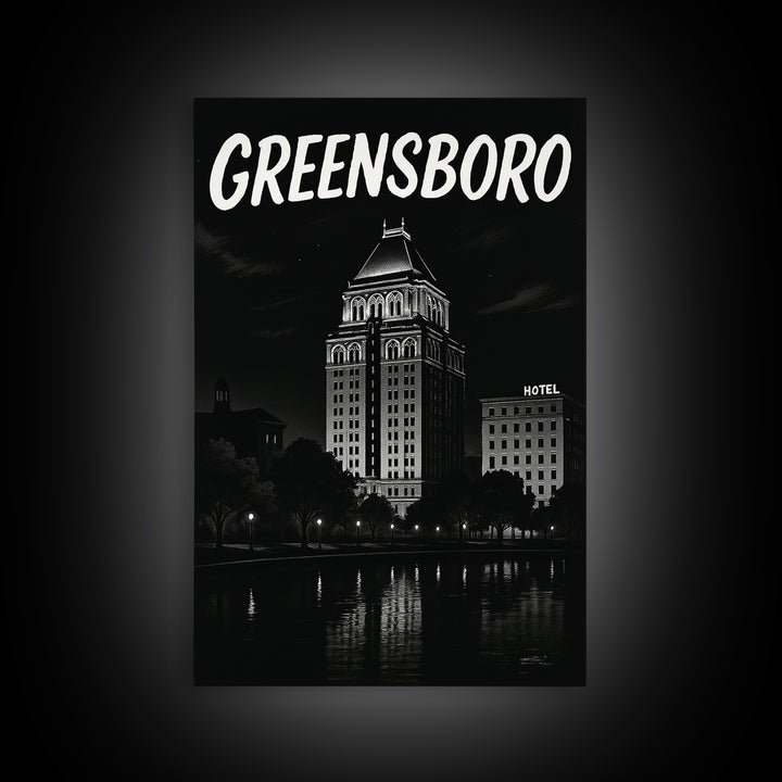 Greensboro Travel Poster, Framed Canvas Print, Black And White Travel Art, Greensboro City Art, Travel Poster Set, City Travel Prints