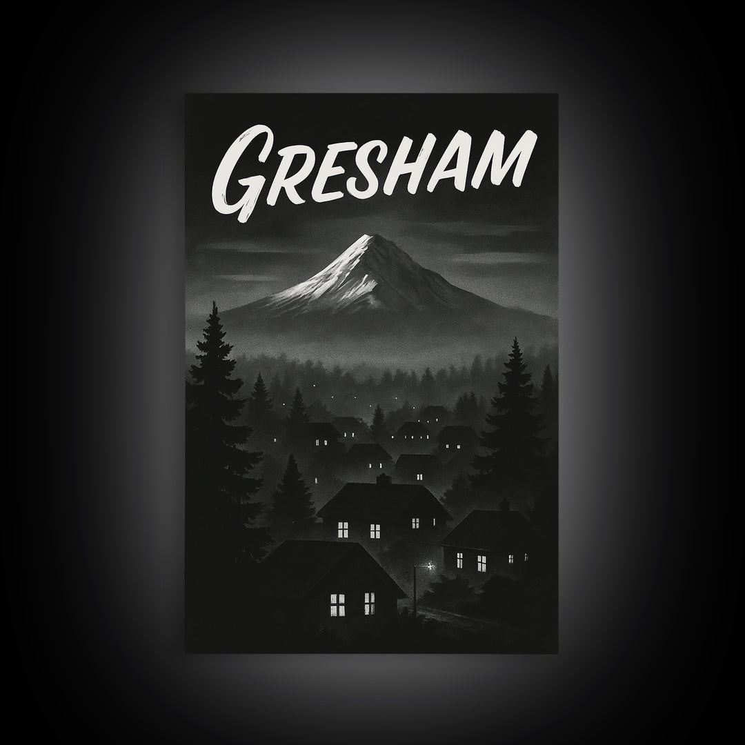 Gresham Oregon Travel Poster, Framed Canvas Print, Black And White Travel Art, Gresham City Art, Vintage City Poster, Travel Wall Art
