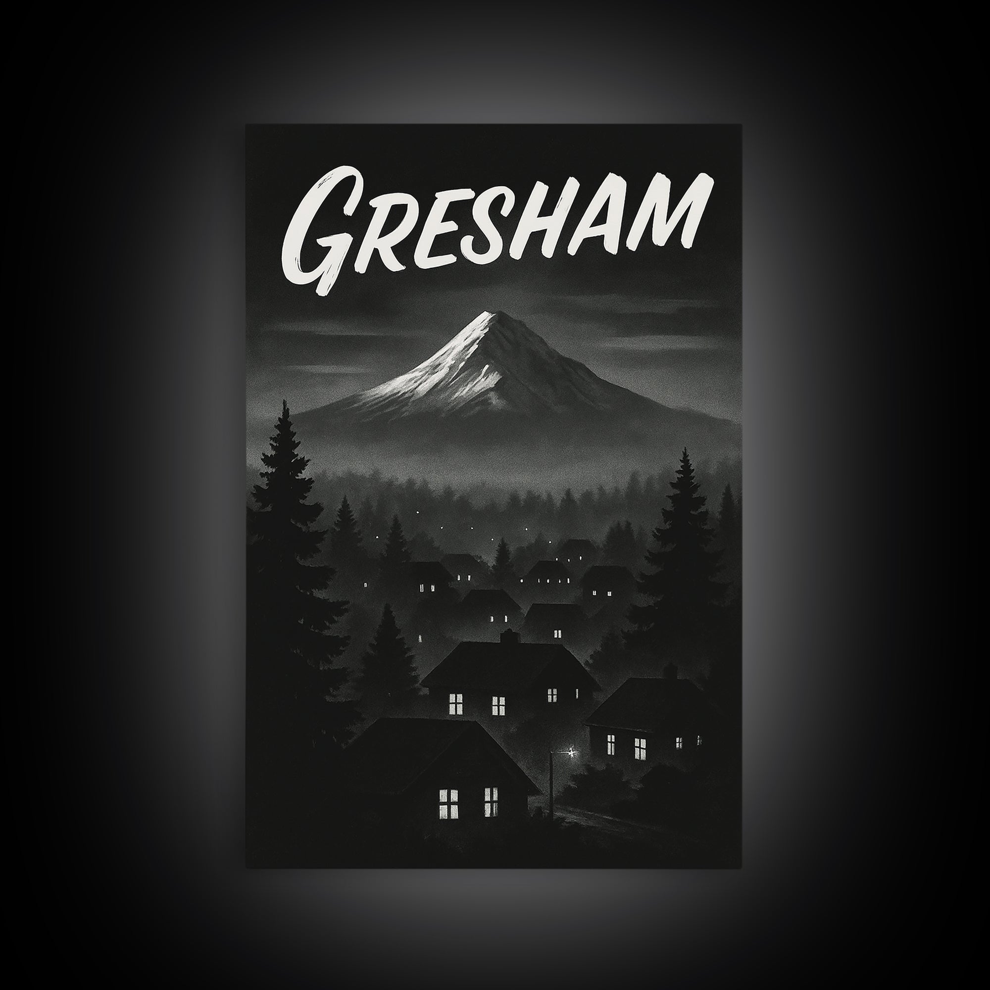 Gresham Oregon Travel Poster, Framed Canvas Print, Black And White Travel Art, Gresham City Art, Vintage City Poster, Travel Wall Art