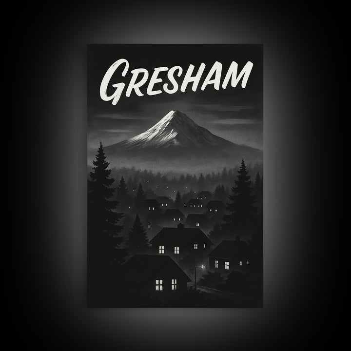 Gresham Oregon Travel Poster, Framed Canvas Print, Black And White Travel Art, Gresham City Art, Vintage City Poster, Travel Wall Art