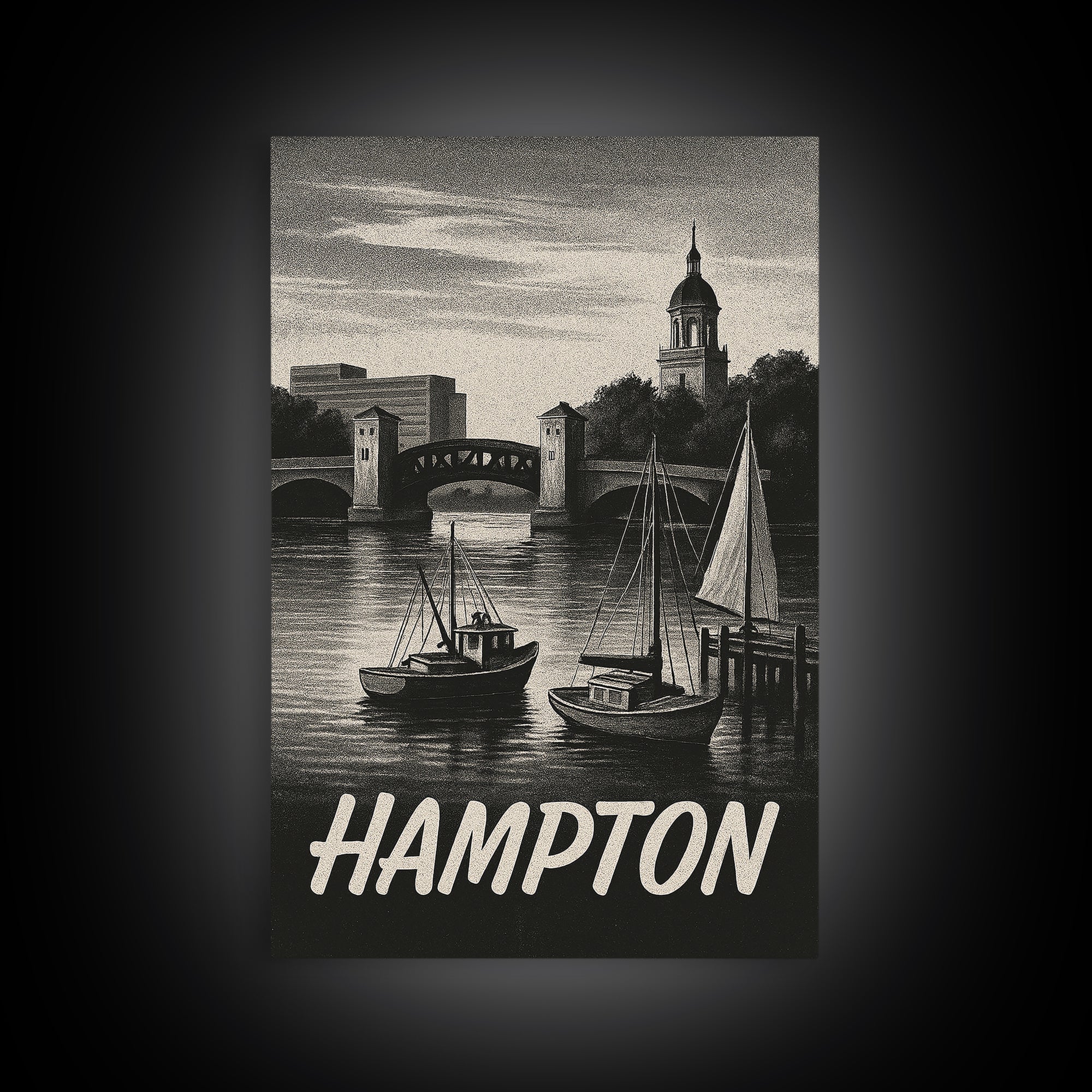 Hampton Travel Poster, Canvas Print, Night Street Poster Art, Hampton Poster Print, Travel Wall Art, City Art Print, Vintage Travel Art