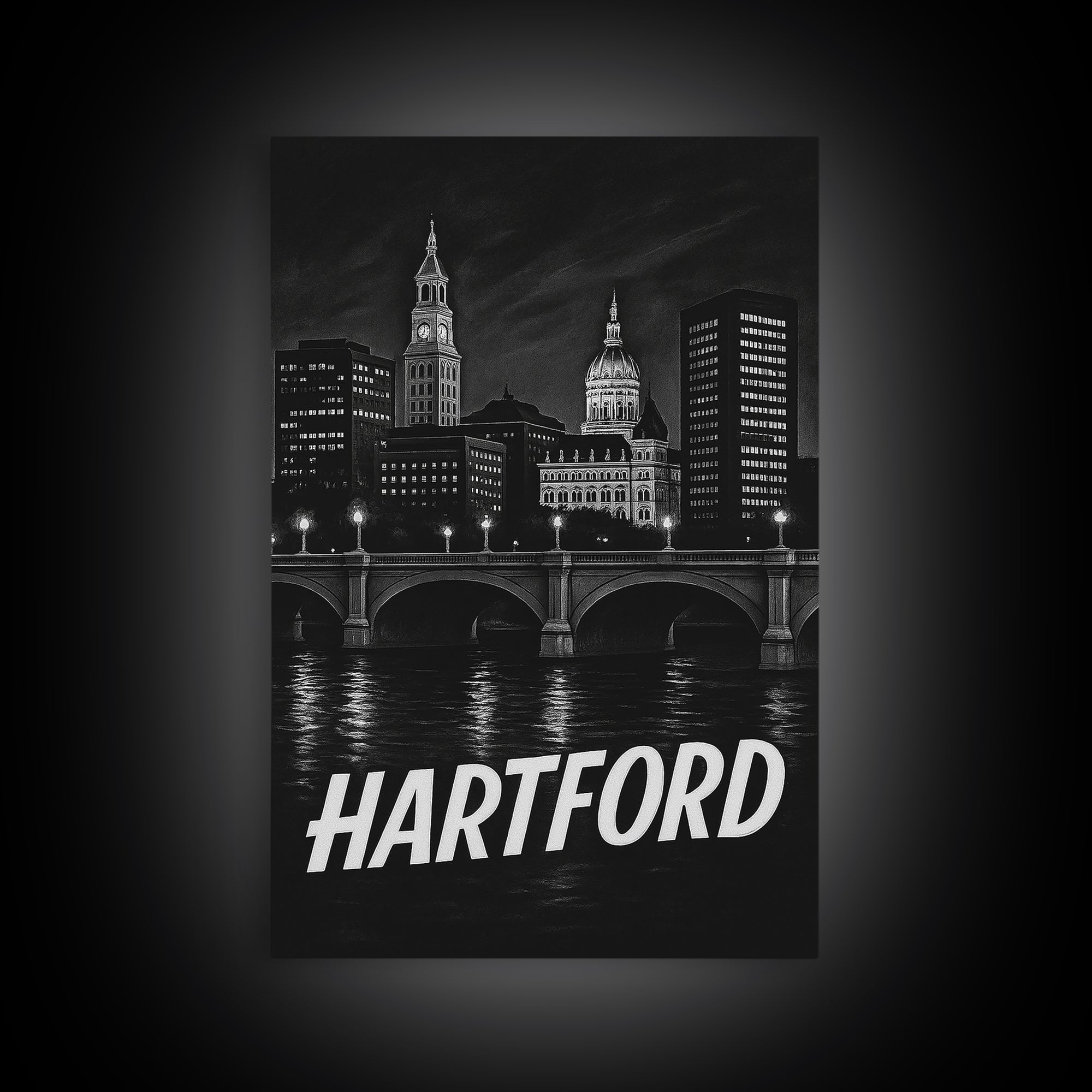 Hartford Connecticut Travel Poster, Framed Canvas Print, Dark Moody City Wall Art, Hartford Poster Print, Travel Art Print, Wanderlust Decor