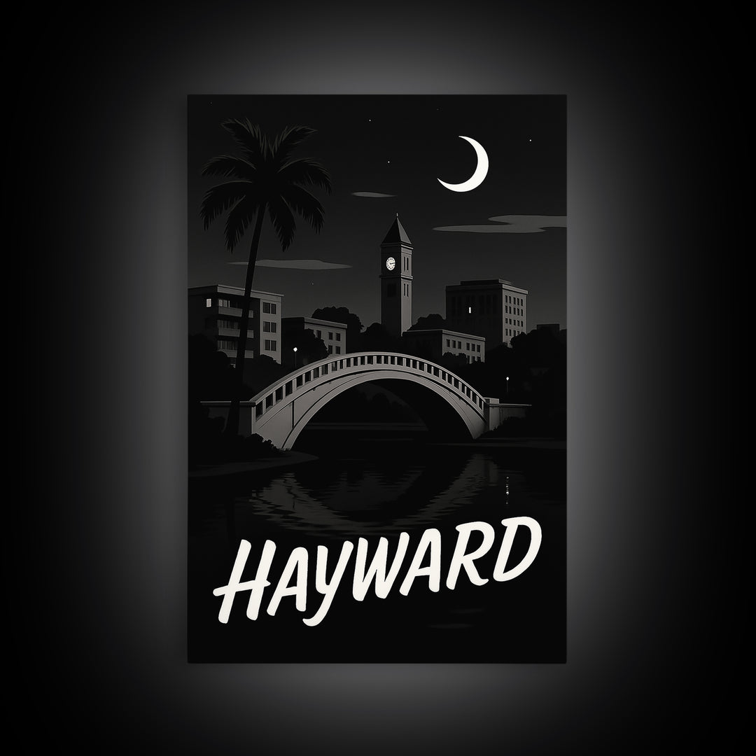 Hayward Travel Poster, Canvas Print, Dark Moody City Wall Art, Hayward Art Print, Travel Poster Art, Wanderlust Decor, Eclectic Wall Decor