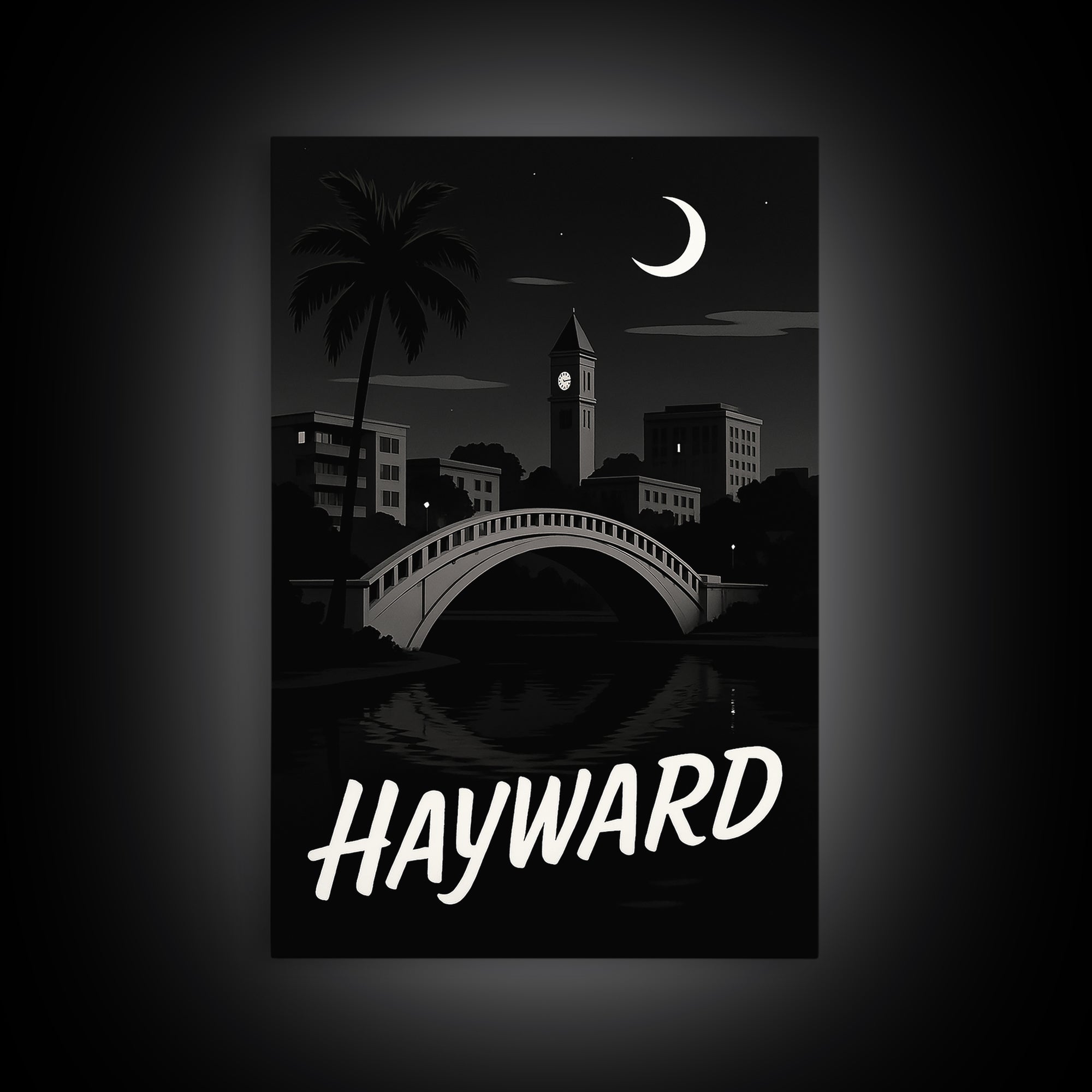 Hayward Travel Poster, Canvas Print, Dark Moody City Wall Art, Hayward Art Print, Travel Poster Art, Wanderlust Decor, Eclectic Wall Decor