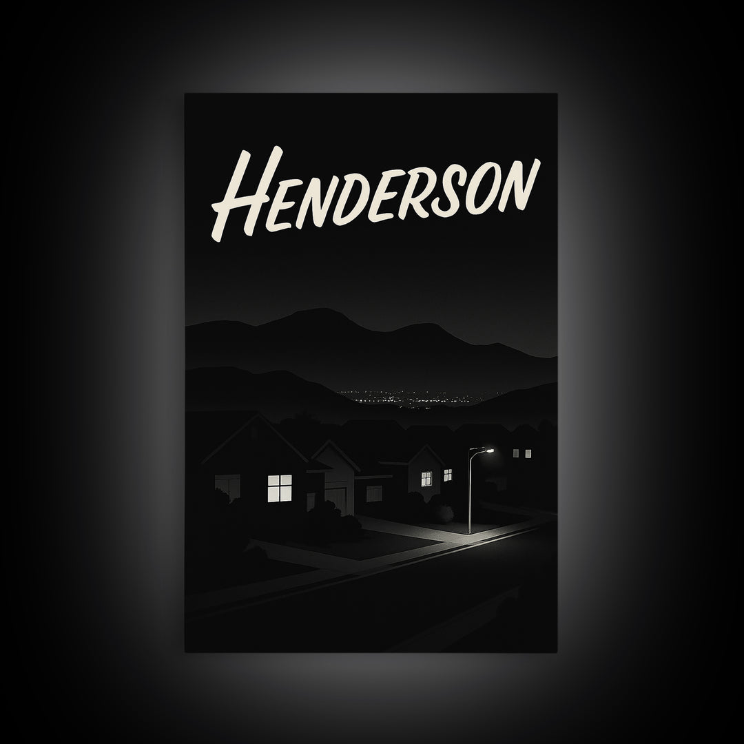 Henderson Travel Poster, Framed Canvas Print, Dark Moody City Wall Art, Henderson Art Print, Vintage Travel Print, City Illustration