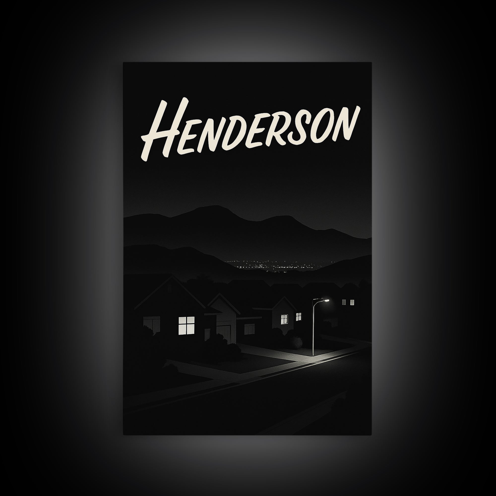 Henderson Travel Poster, Framed Canvas Print, Dark Moody City Wall Art, Henderson Art Print, Vintage Travel Print, City Illustration