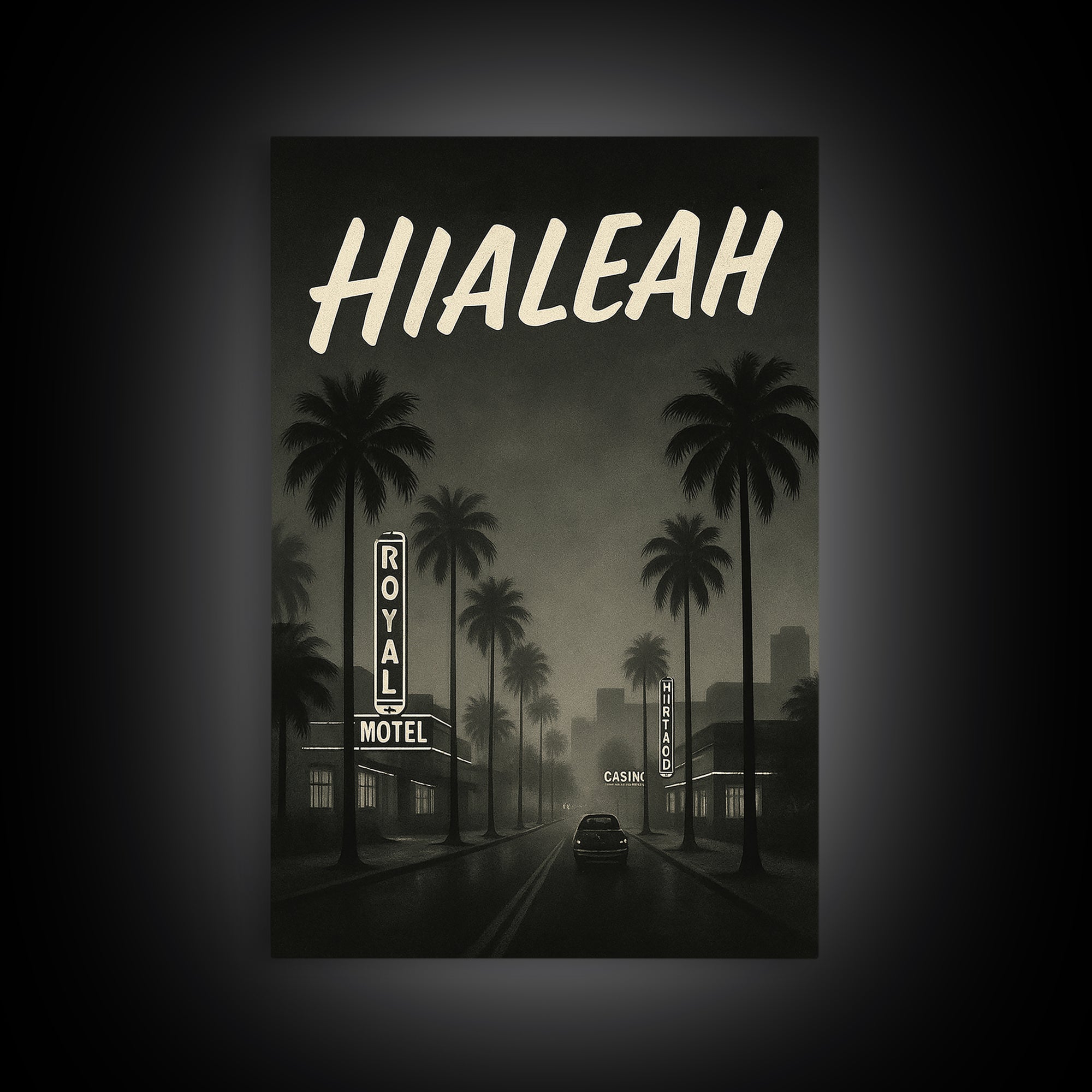 Hialeah Florida Travel Poster, Framed Canvas Print, Dark Moody City Wall Art, Hialeah Poster Print, Living Room Wall Art, Fine Art Print