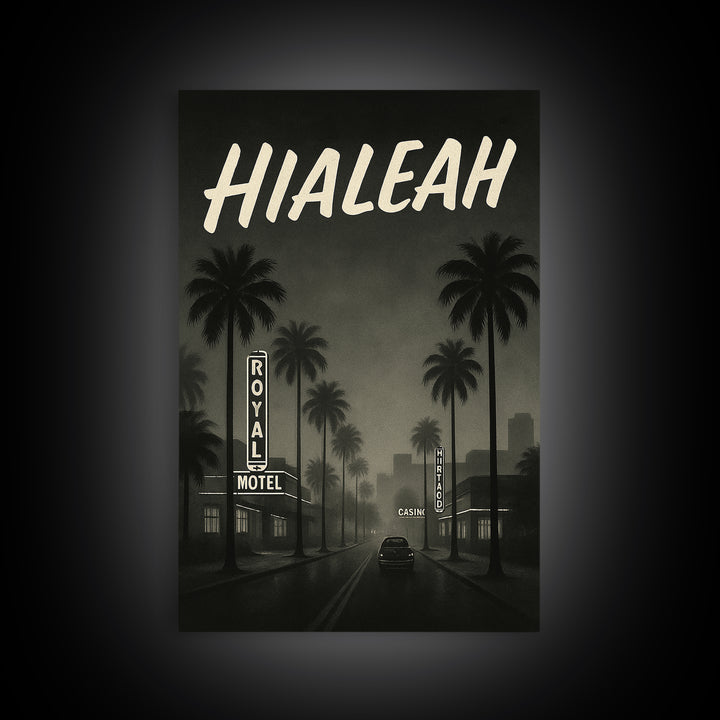 Hialeah Florida Travel Poster, Framed Canvas Print, Dark Moody City Wall Art, Hialeah Poster Print, Living Room Wall Art, Fine Art Print