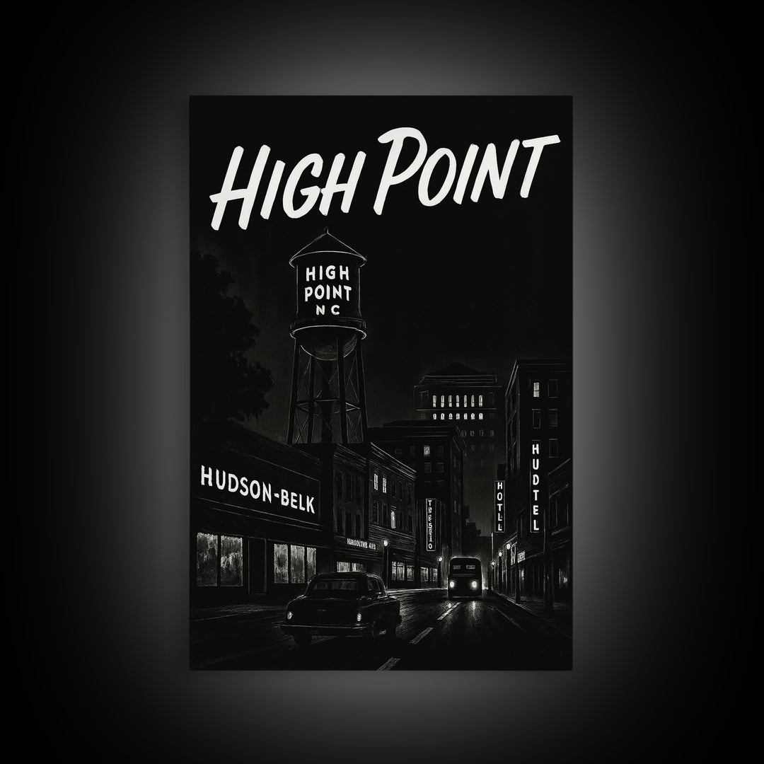 High Point Travel Poster, Framed Canvas Print, Black And White Travel Art, High Point Poster Print, Retro Travel Print, Vintage City Poster