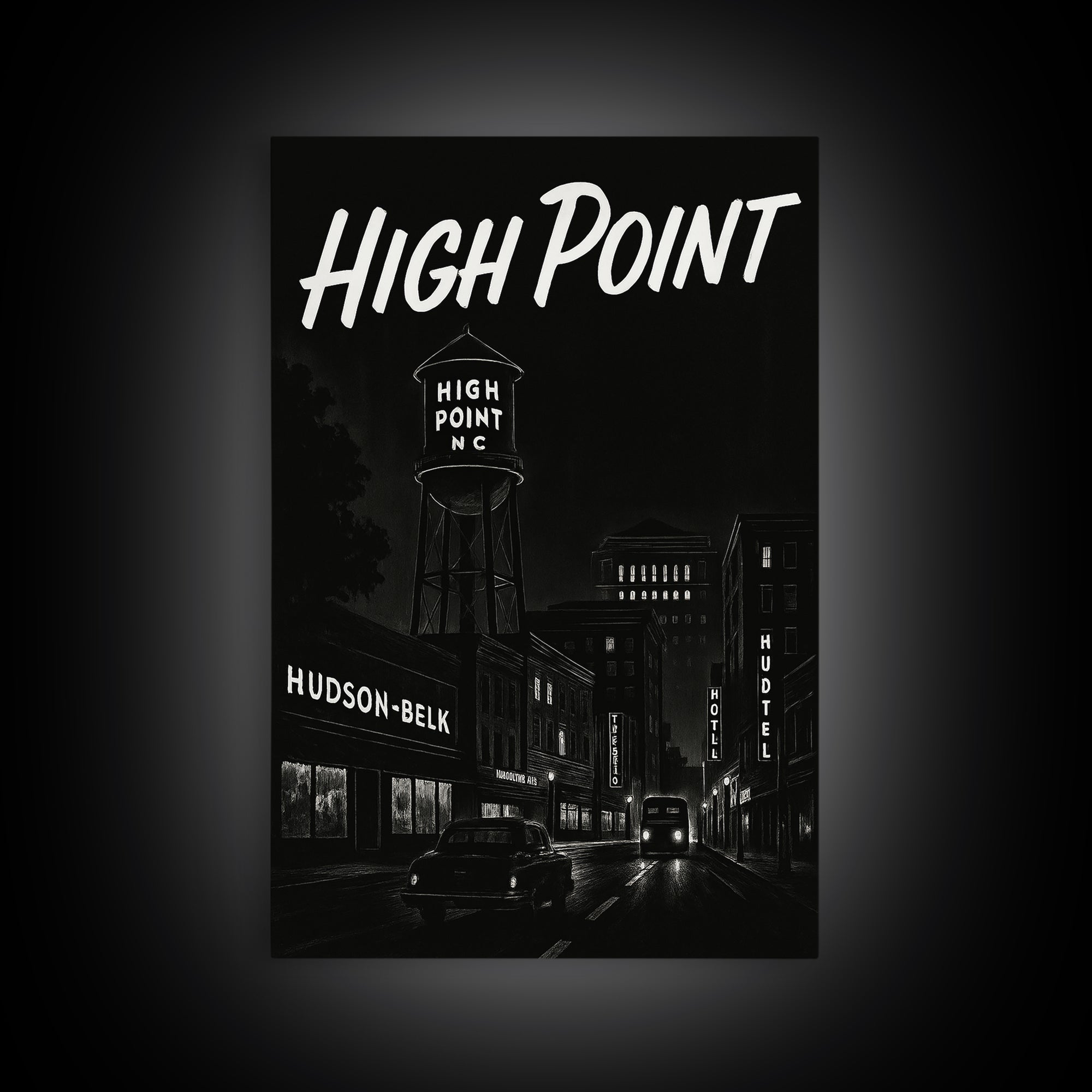 High Point Travel Poster, Framed Canvas Print, Black And White Travel Art, High Point Poster Print, Retro Travel Print, Vintage City Poster