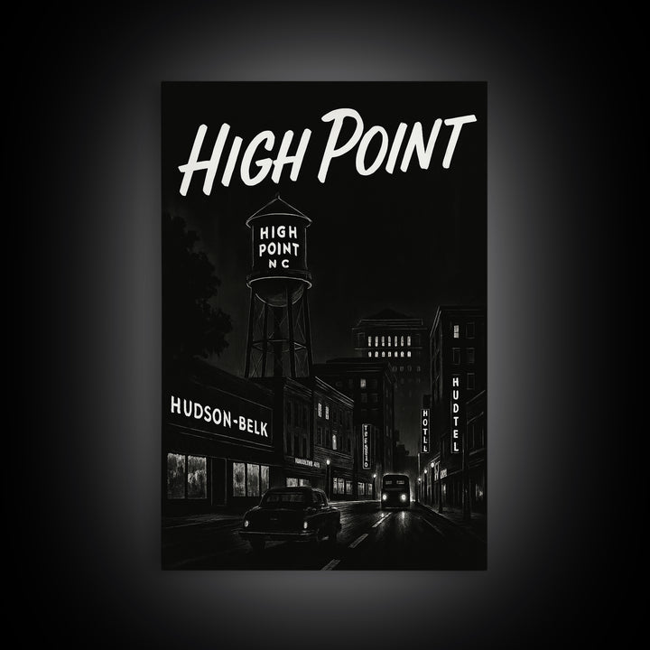 High Point Travel Poster, Framed Canvas Print, Black And White Travel Art, High Point Poster Print, Retro Travel Print, Vintage City Poster
