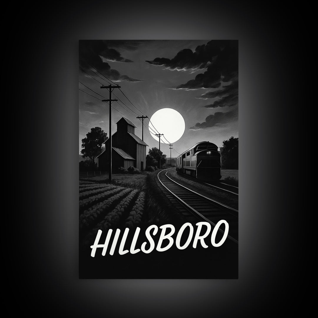 Hillsboro Travel Poster, Canvas Print, Dark Moody City Wall Art, Hillsboro Art Print, Living Room Wall Art, Vintage Travel Art