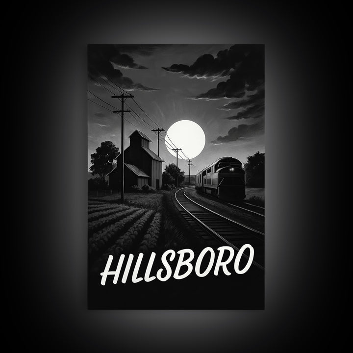 Hillsboro Travel Poster, Canvas Print, Dark Moody City Wall Art, Hillsboro Art Print, Living Room Wall Art, Vintage Travel Art