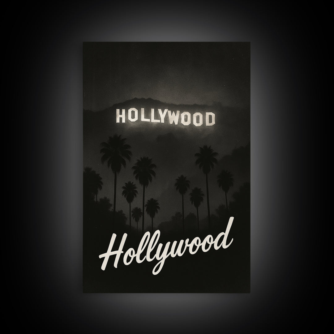 Hollywood Florida Travel Poster, Framed Canvas Print, Black And White Travel Art, Hollywood City Art, Travel Wall Art, Vintage City Poster