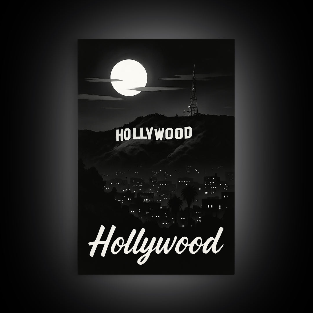 Hollywood Travel Poster, Framed Canvas Print, Night Street Poster Art, Hollywood Wall Art, Travel Poster Set, Travel Wall Art, Design 2