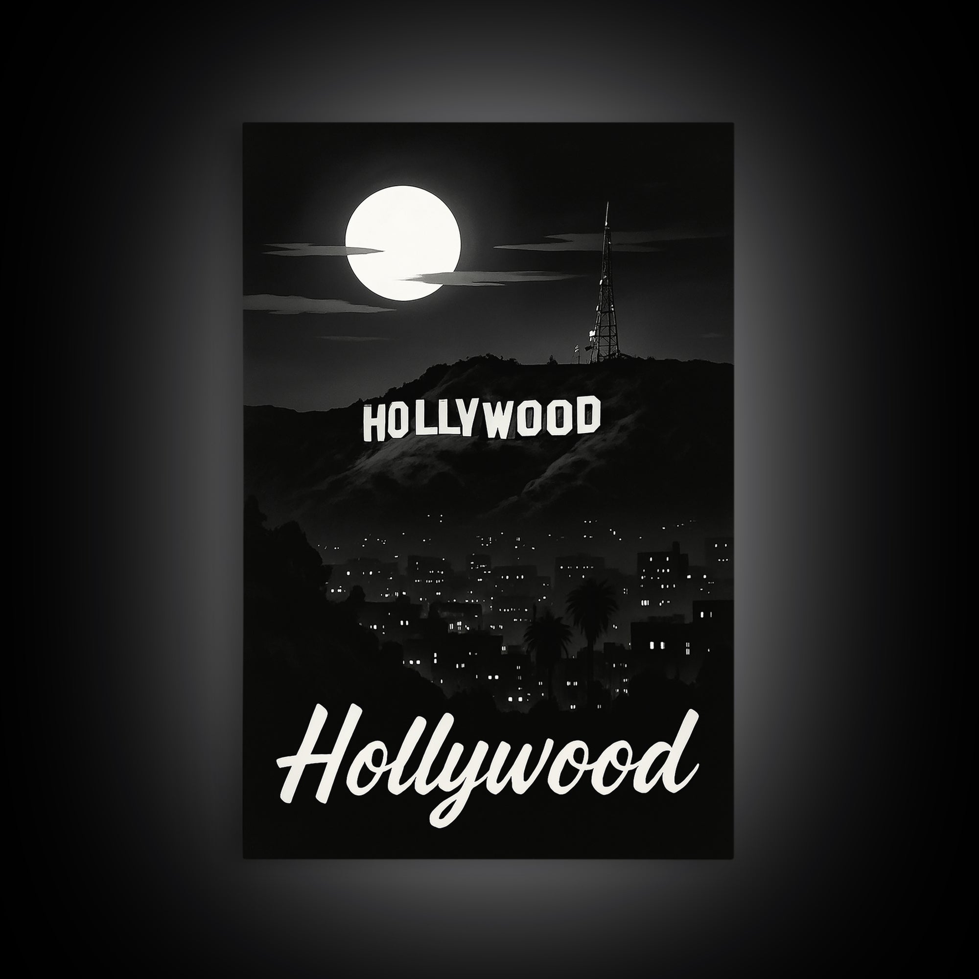 Hollywood Travel Poster, Framed Canvas Print, Night Street Poster Art, Hollywood Wall Art, Travel Poster Set, Travel Wall Art, Design 2