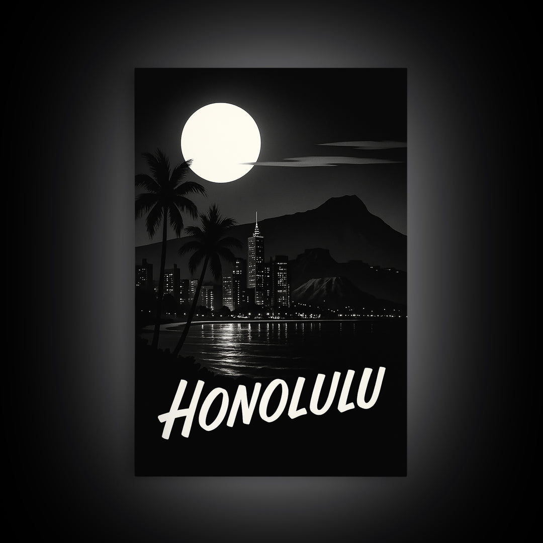Honolulu Hawaii Travel Poster, Framed Canvas Print, Night Street Poster Art, Honolulu Travel Art, Home Office Decor, Modern Wall Decor