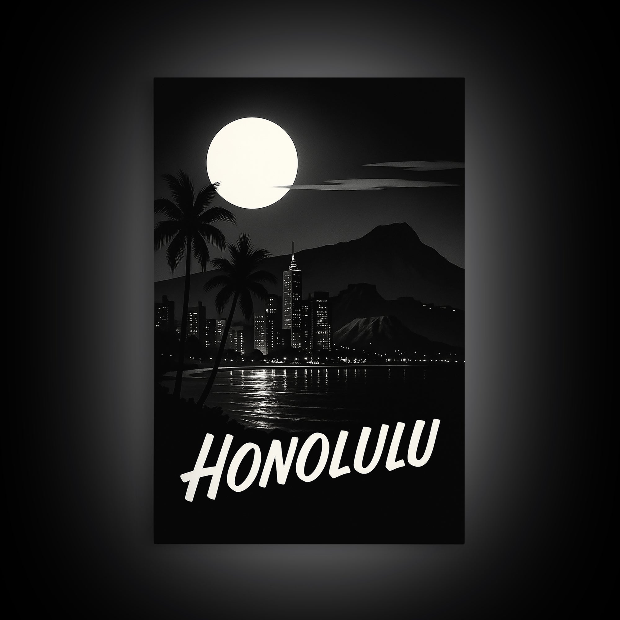 Honolulu Hawaii Travel Poster, Framed Canvas Print, Night Street Poster Art, Honolulu Travel Art, Home Office Decor, Modern Wall Decor