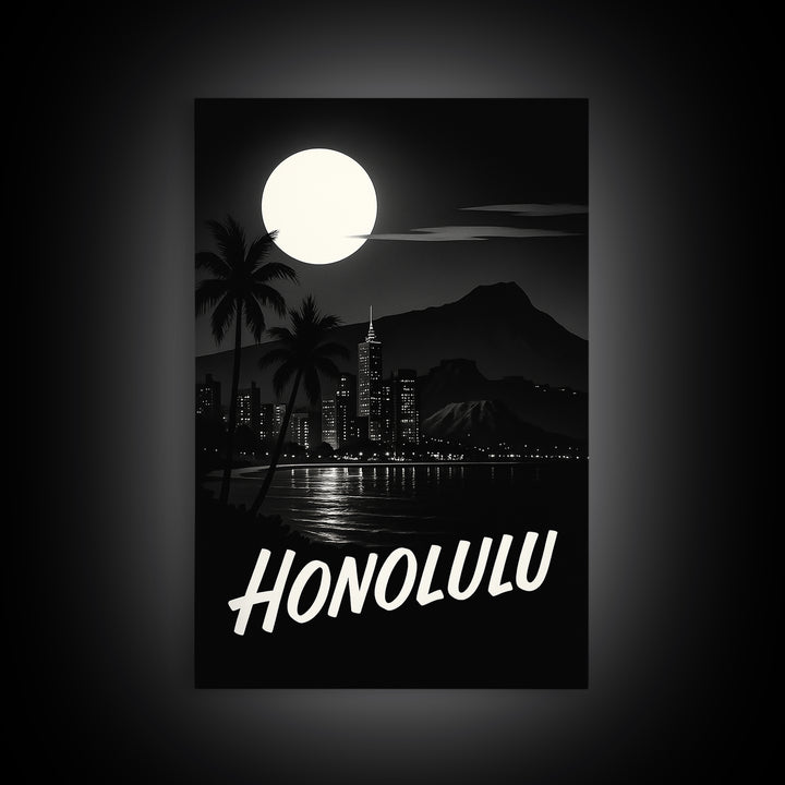 Honolulu Hawaii Travel Poster, Framed Canvas Print, Night Street Poster Art, Honolulu Travel Art, Home Office Decor, Modern Wall Decor