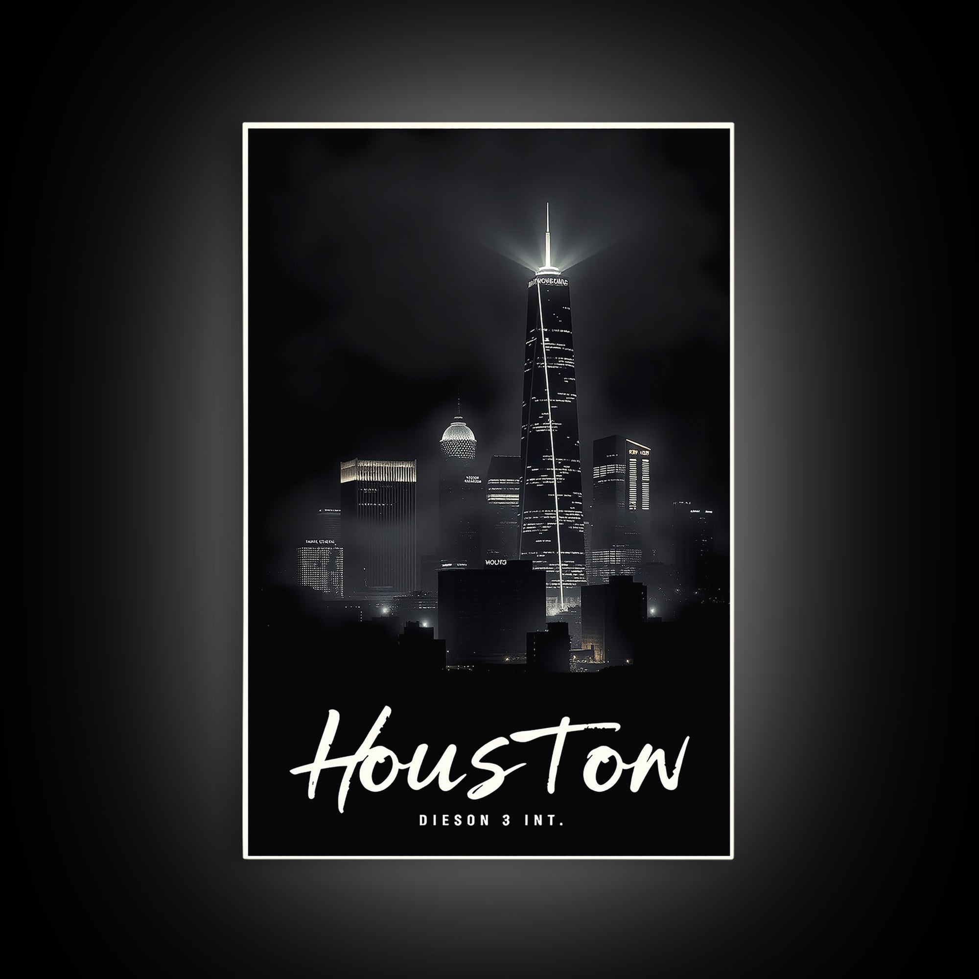 Houston Texas Travel Poster, Framed Canvas Print, Dark Moody City Wall Art, Houston City Art, Gift For Travelers, Living Room Wall Art