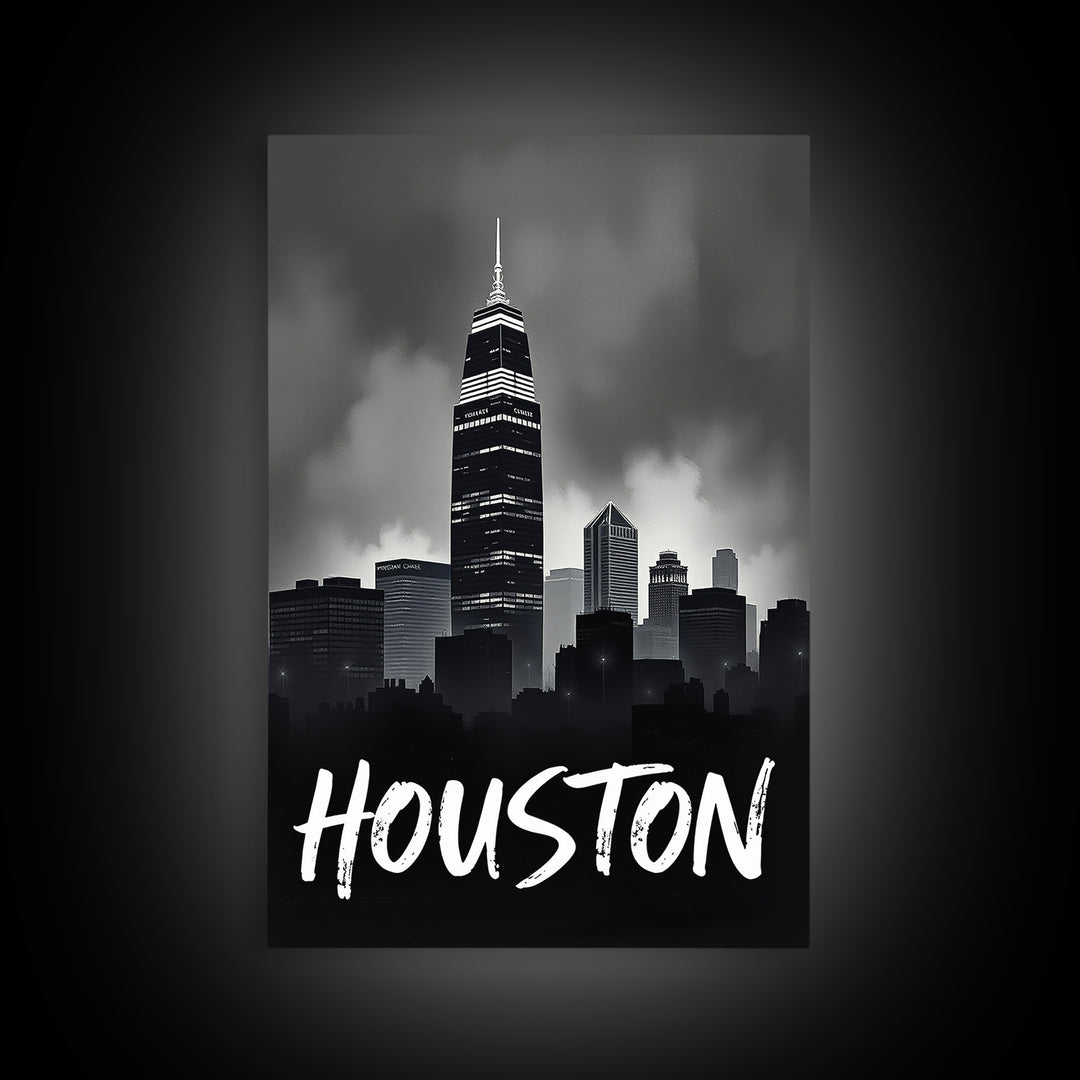 Houston Travel Poster, Framed Canvas Print, Black And White Travel Art, Houston Art Print, Retro Travel Print, City Travel Prints