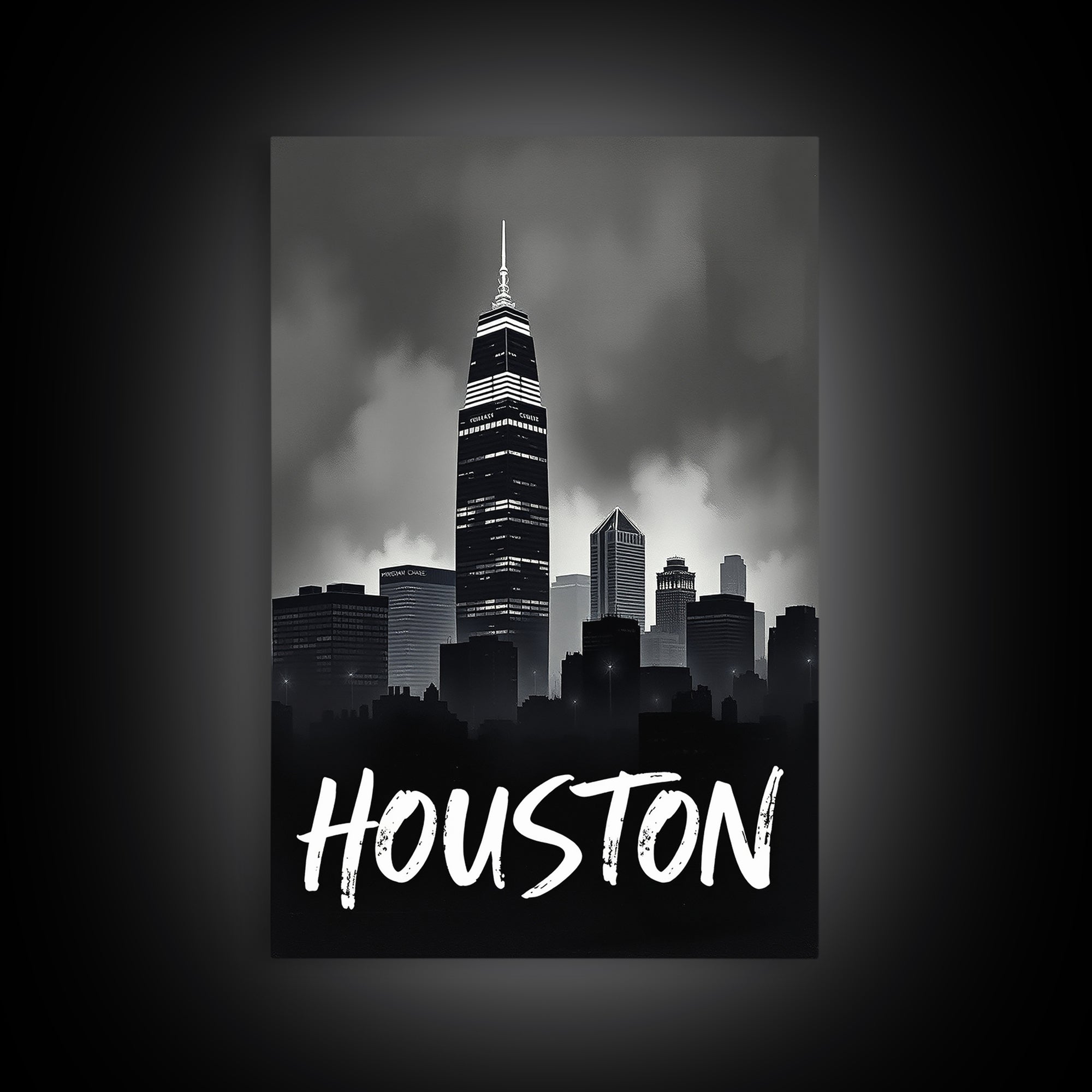Houston Travel Poster, Framed Canvas Print, Black And White Travel Art, Houston Art Print, Retro Travel Print, City Travel Prints