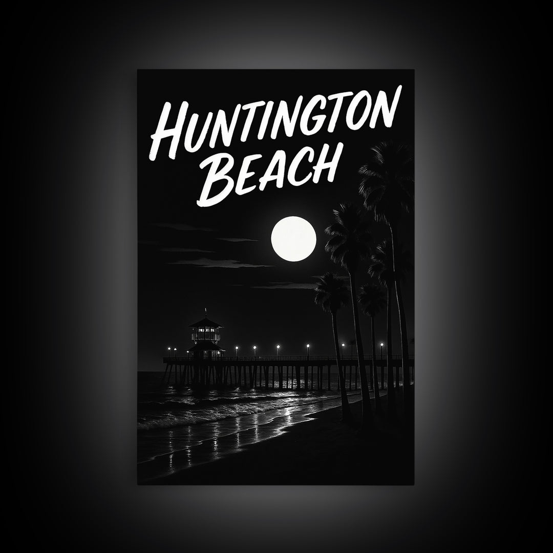 Huntington Beach Travel Poster, Canvas Print, Night Street Poster Art, Huntington Beach Wall Art, Modern Wall Decor, Fine Art Print