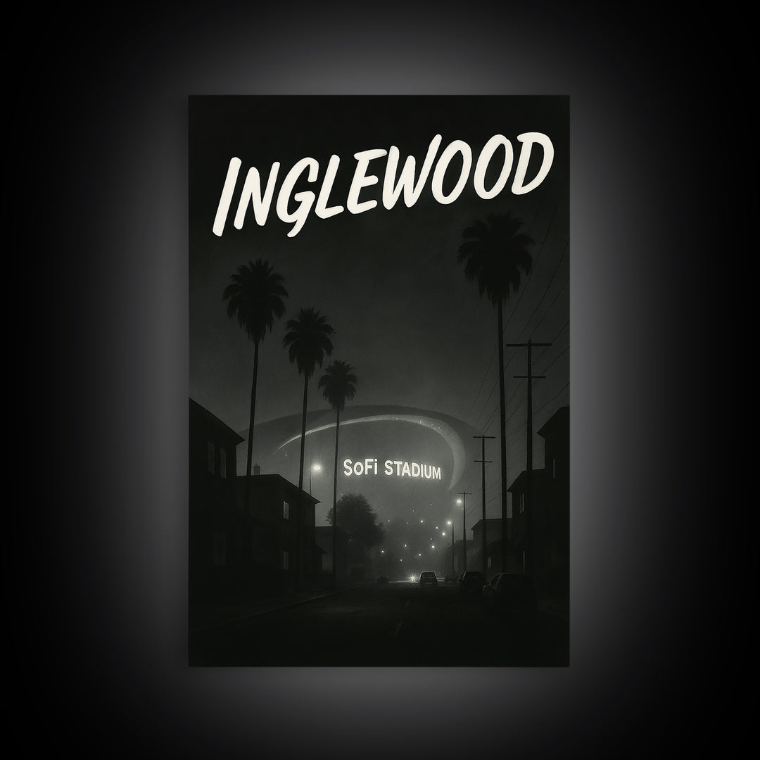 Inglewood California Travel Poster, Framed Canvas Print, Night Street Poster Art, Inglewood City Art, City Illustration, Vintage City Poster
