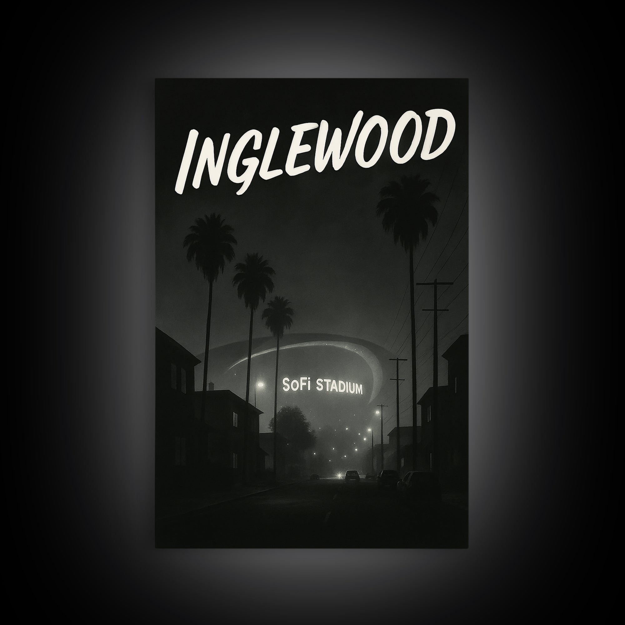 Inglewood California Travel Poster, Framed Canvas Print, Night Street Poster Art, Inglewood City Art, City Illustration, Vintage City Poster