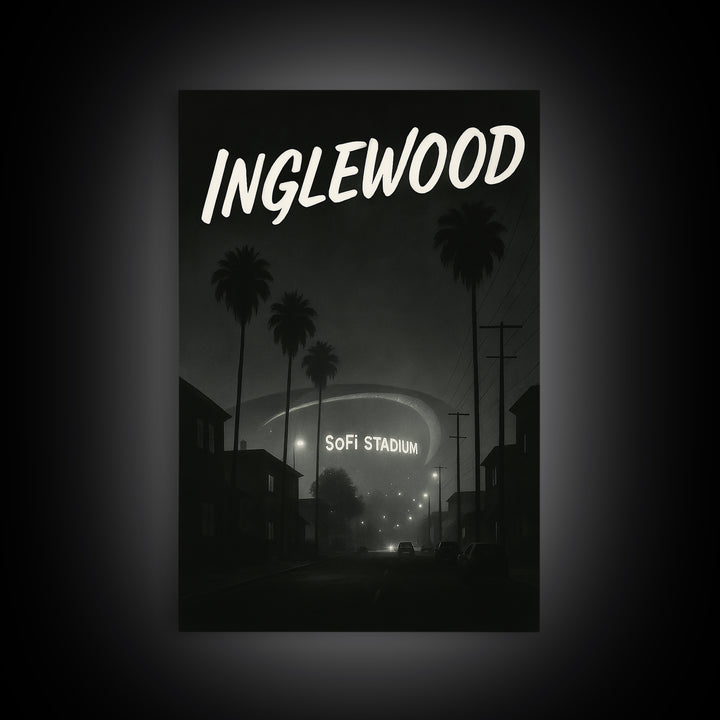 Inglewood California Travel Poster, Framed Canvas Print, Night Street Poster Art, Inglewood City Art, City Illustration, Vintage City Poster