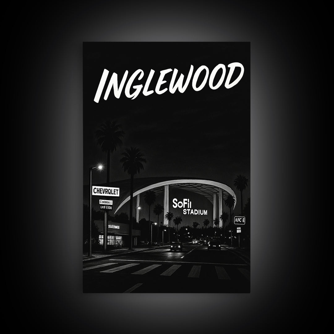 Inglewood Travel Poster, Framed Canvas Print, Night Street Poster Art, Inglewood Wall Art, City Travel Prints, Fine Art Print, Design 2