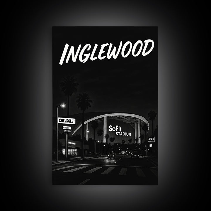 Inglewood Travel Poster, Framed Canvas Print, Night Street Poster Art, Inglewood Wall Art, City Travel Prints, Fine Art Print, Design 2