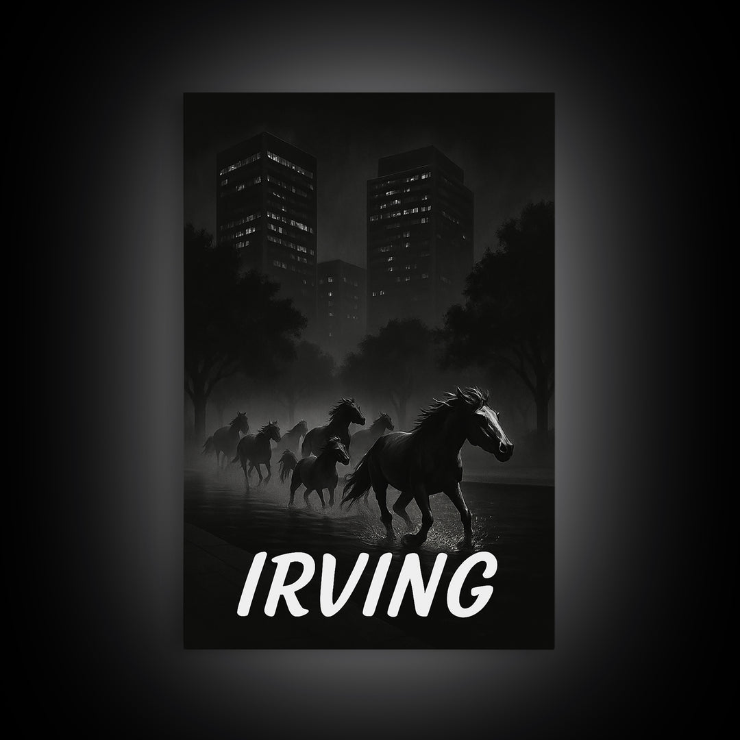 Irving Texas Travel Poster, Canvas Print, Dark Moody City Wall Art, Irving Poster Print, Travel Poster Set, Travel Wall Decor, Wall Decor