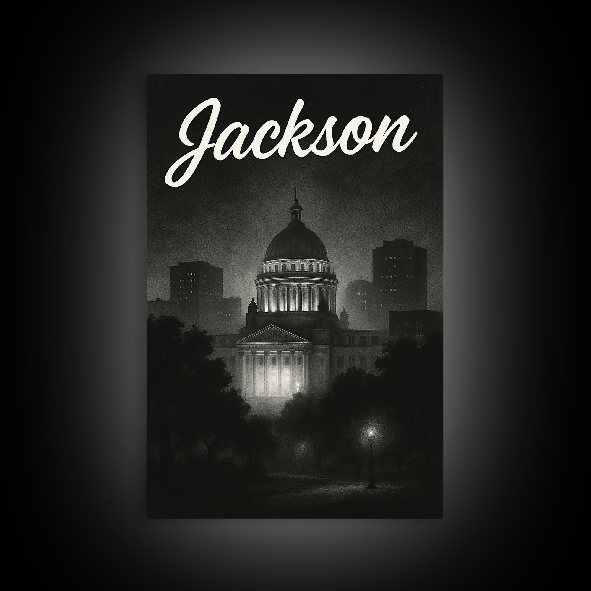 Jackson Mississippi Travel Poster, Framed Canvas Print, Dark Moody City Wall Art, Jackson City Art, City Illustration, Retro Travel Print