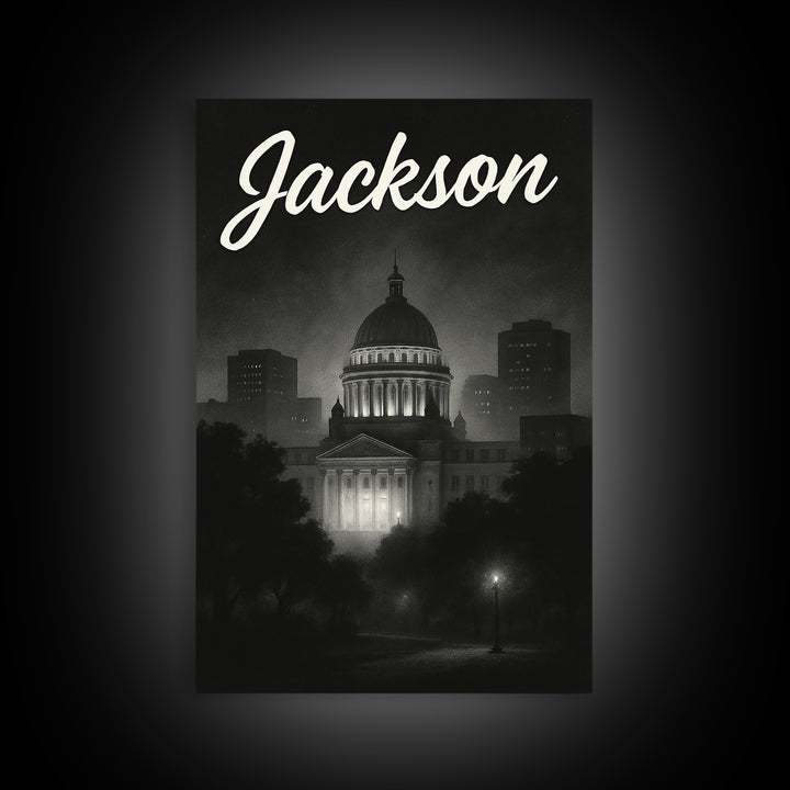 Jackson Mississippi Travel Poster, Framed Canvas Print, Dark Moody City Wall Art, Jackson City Art, City Illustration, Retro Travel Print