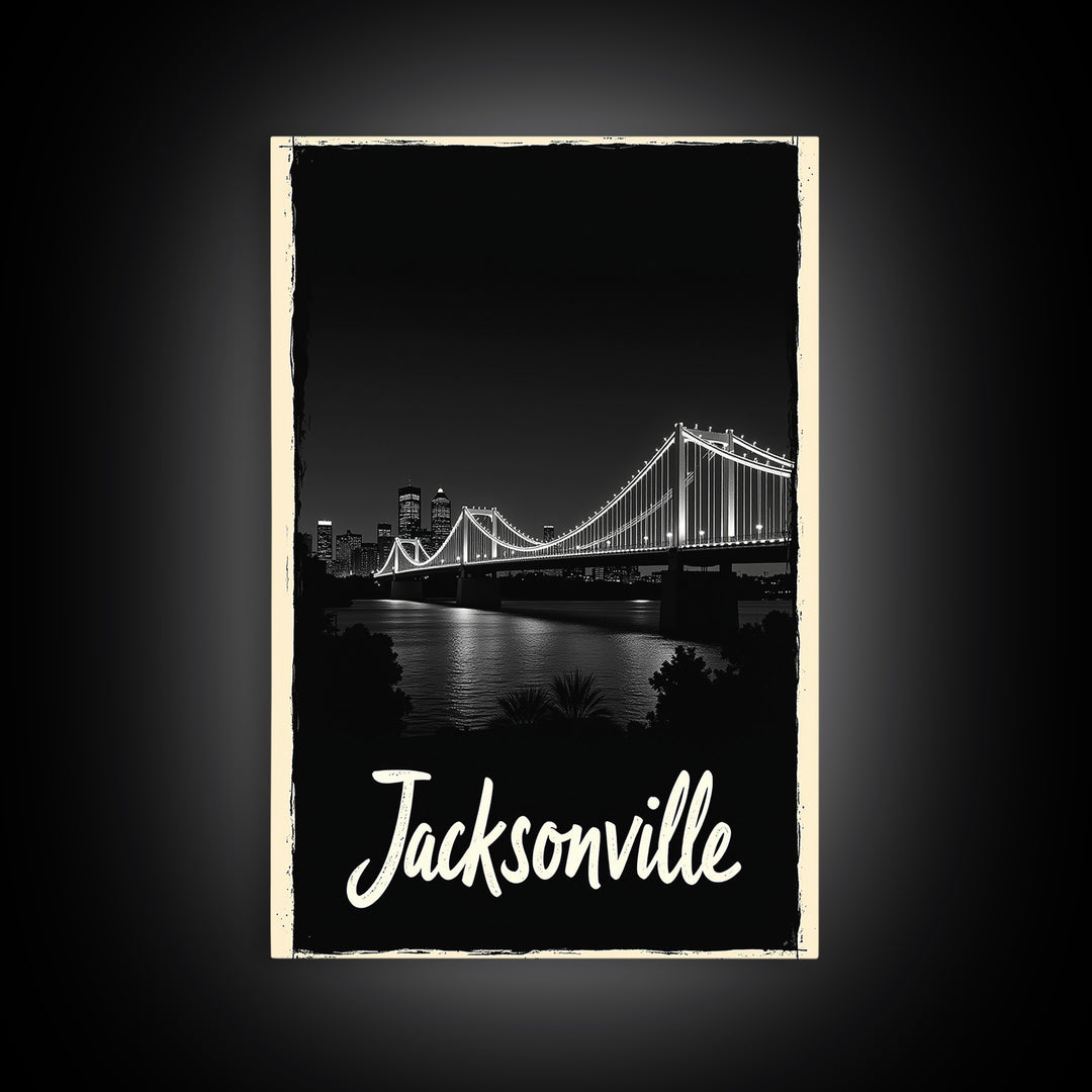Jacksonville Travel Poster, Framed Canvas Print, Black And White Travel Art, Jacksonville Art Print, Retro Travel Print, Home Office Decor