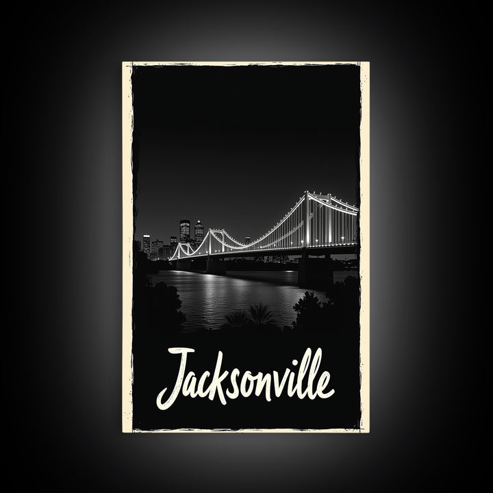 Jacksonville Travel Poster, Framed Canvas Print, Black And White Travel Art, Jacksonville Art Print, Retro Travel Print, Home Office Decor