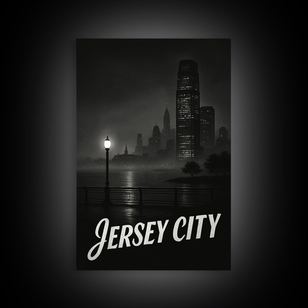 Jersey City Travel Poster, Framed Canvas Print, Vintage Noir Poster Art, Jersey City Wall Art, City Travel Prints, Vintage Travel Art