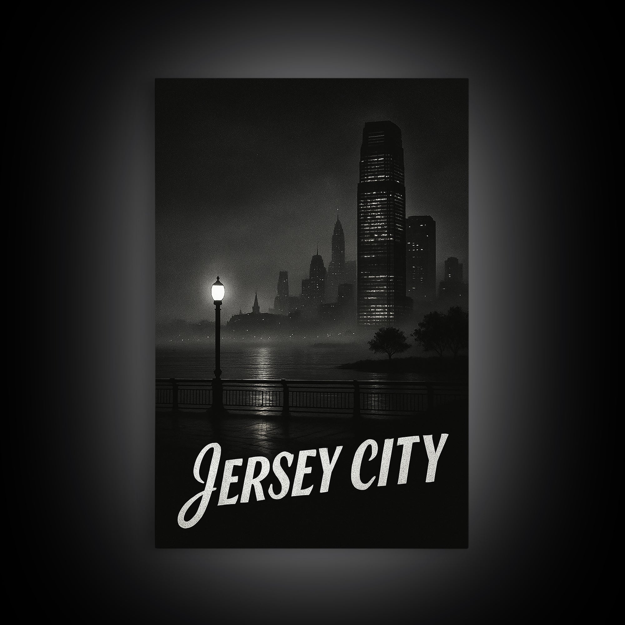 Jersey City Travel Poster, Framed Canvas Print, Vintage Noir Poster Art, Jersey City Wall Art, City Travel Prints, Vintage Travel Art