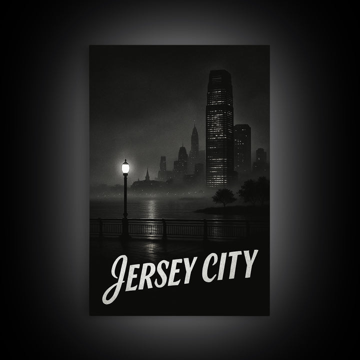 Jersey City Travel Poster, Framed Canvas Print, Vintage Noir Poster Art, Jersey City Wall Art, City Travel Prints, Vintage Travel Art