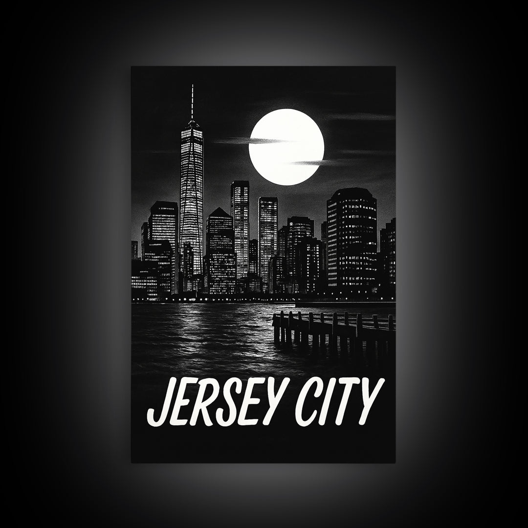 Jersey City Travel Poster, Framed Canvas Print, Vintage Noir Poster Art, Jersey City Travel Art, Vintage Travel Print, Vintage City Poster