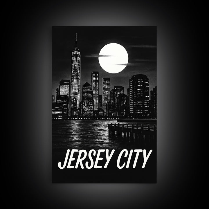 Jersey City Travel Poster, Framed Canvas Print, Vintage Noir Poster Art, Jersey City Travel Art, Vintage Travel Print, Vintage City Poster