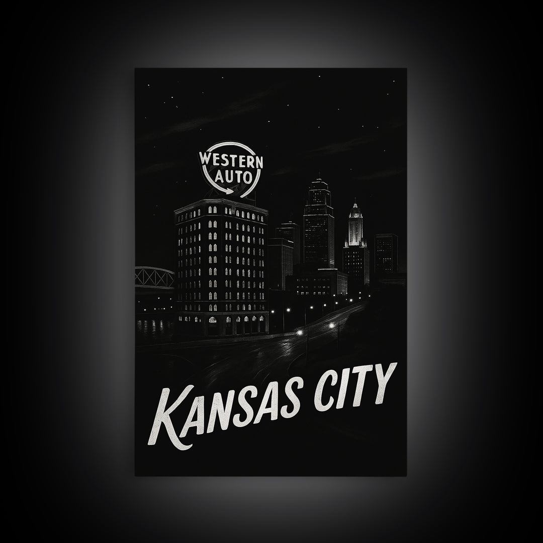Kansas City Missouri Travel Poster, Canvas Print, Dark Moody City Wall Art, Kansas City Poster Print, City Illustration, Eclectic Wall Decor