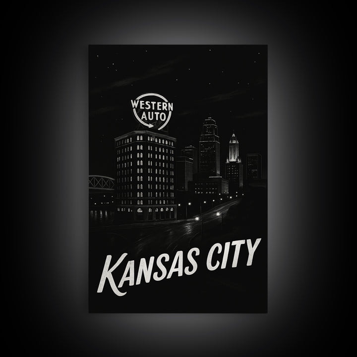 Kansas City Missouri Travel Poster, Canvas Print, Dark Moody City Wall Art, Kansas City Poster Print, City Illustration, Eclectic Wall Decor