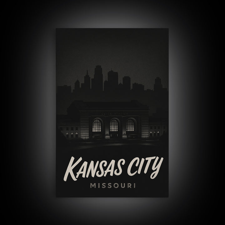 Kansas City Travel Poster, Canvas Print, Dark Moody City Wall Art, Kansas City Wall Art, Travel Wall Art, City Travel Prints, Home Decor
